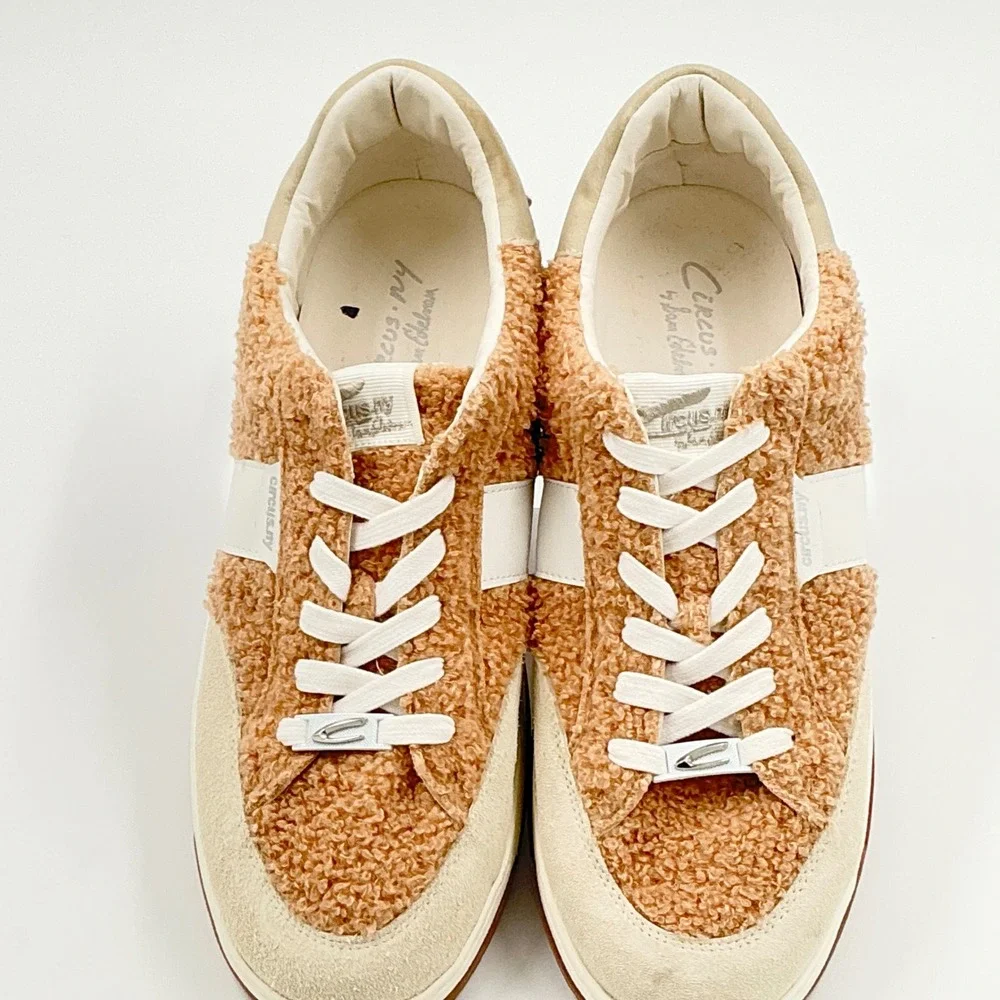 Circus NY Sam Edelman Size 12 Cozy Faux Fur Sneakers Tan White NEW Vance $90
